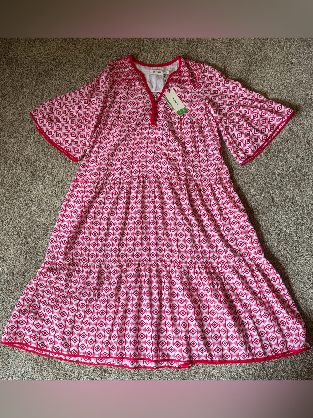 CEFINN HESTER Pink Diamond Geo Print Dress Cotton Blend Tiered Hand Smock Sz 10